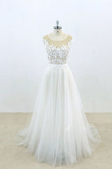 Wedding Dress Handmade Ivory Round Neck Lace Tulle Long Prom Dress Ivory Lace Bridal Gown