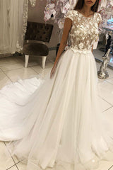Wedding Dress Handmade Ivory Round Neck Tulle Lace Long Prom Dress Ivory Bridal Gown