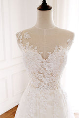 Wedding Dress Handmade Ivory Round Neck Tulle Lace Long Prom Dress Ivory Tulle Bridal Gown