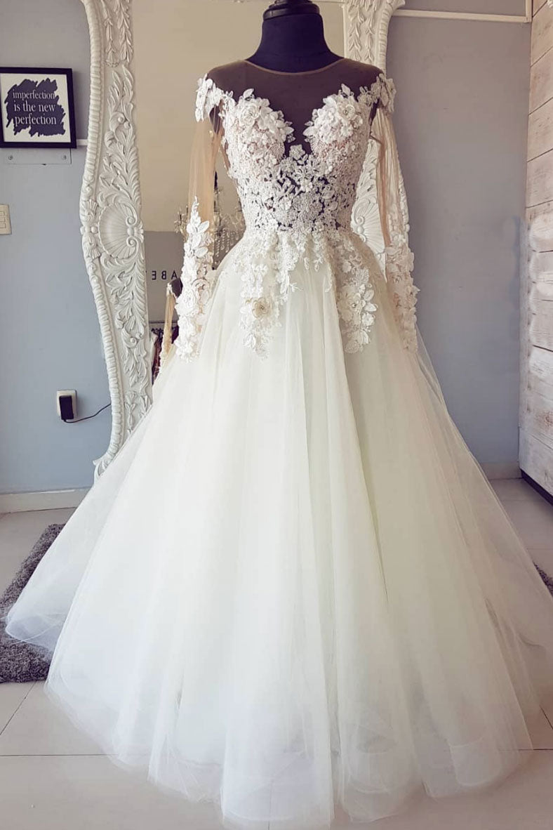 Wedding Dress Handmade Ivory Round Neck Tulle Lace Long Prom Dress Ivory Tulle Long Bridal Gown