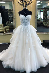 Wedding Dress Handmade Ivory Sweetheart Neck Tulle Lace Long Prom Dress Bridal Gown