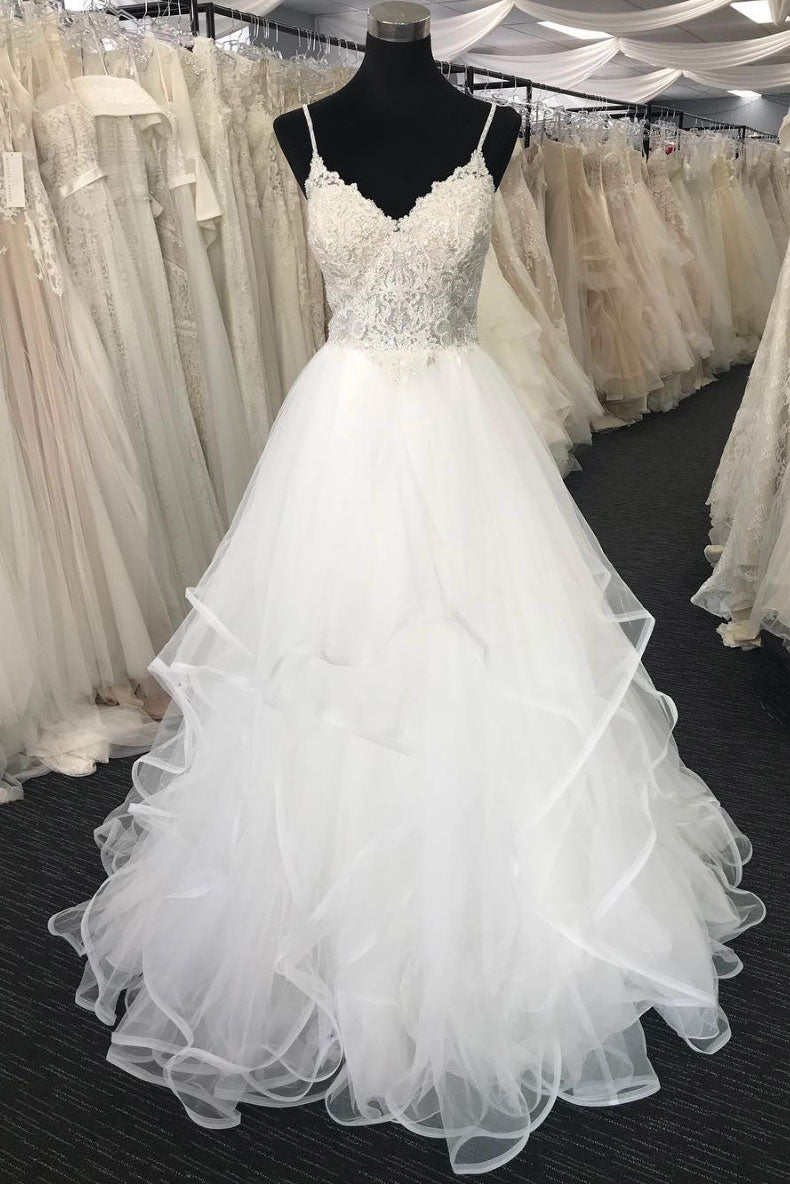 Wedding Dress Handmade Ivory Tulle V Neck Lace Long Prom Dress Ivory Tulle Bridal Gown