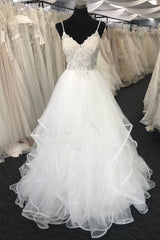 Wedding Dress Handmade Ivory Tulle V Neck Lace Long Prom Dress Ivory Tulle Bridal Gown