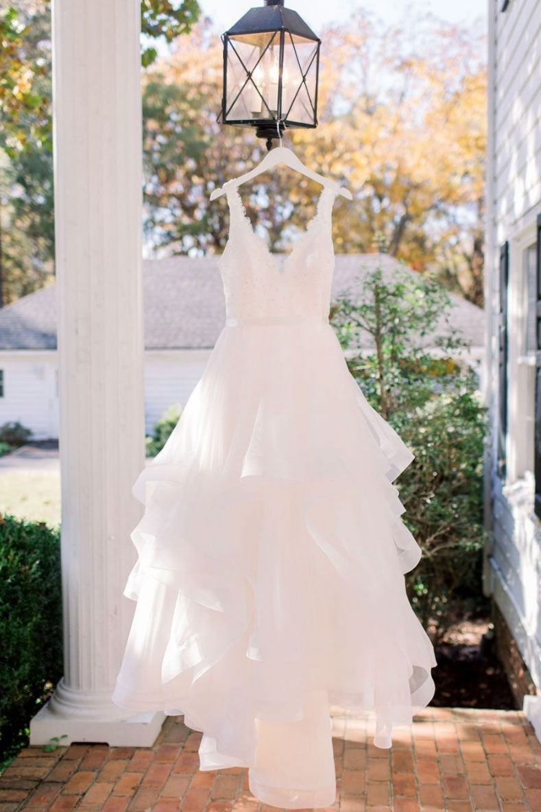 Wedding Dress Handmade Ivory V Neck Lace Long Prom Dress Ivory Lace Bridal Gown