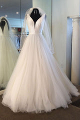 Wedding Dress Handmade Ivory V Neck Tulle Long Prom Dress Bridal Gown