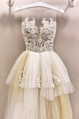 Wedding Dress Handmade Unique Round Neck Tulle Lace Long Prom Dress Bridal Gown