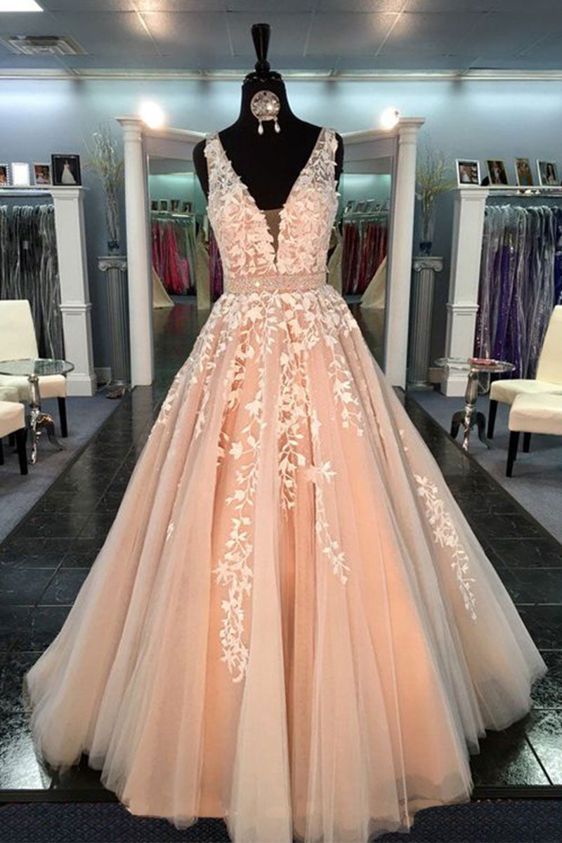 Wedding Dress Handmade Unique V Neck Tulle Lace Long Prom Dress Tulle Lace Bridal Gown