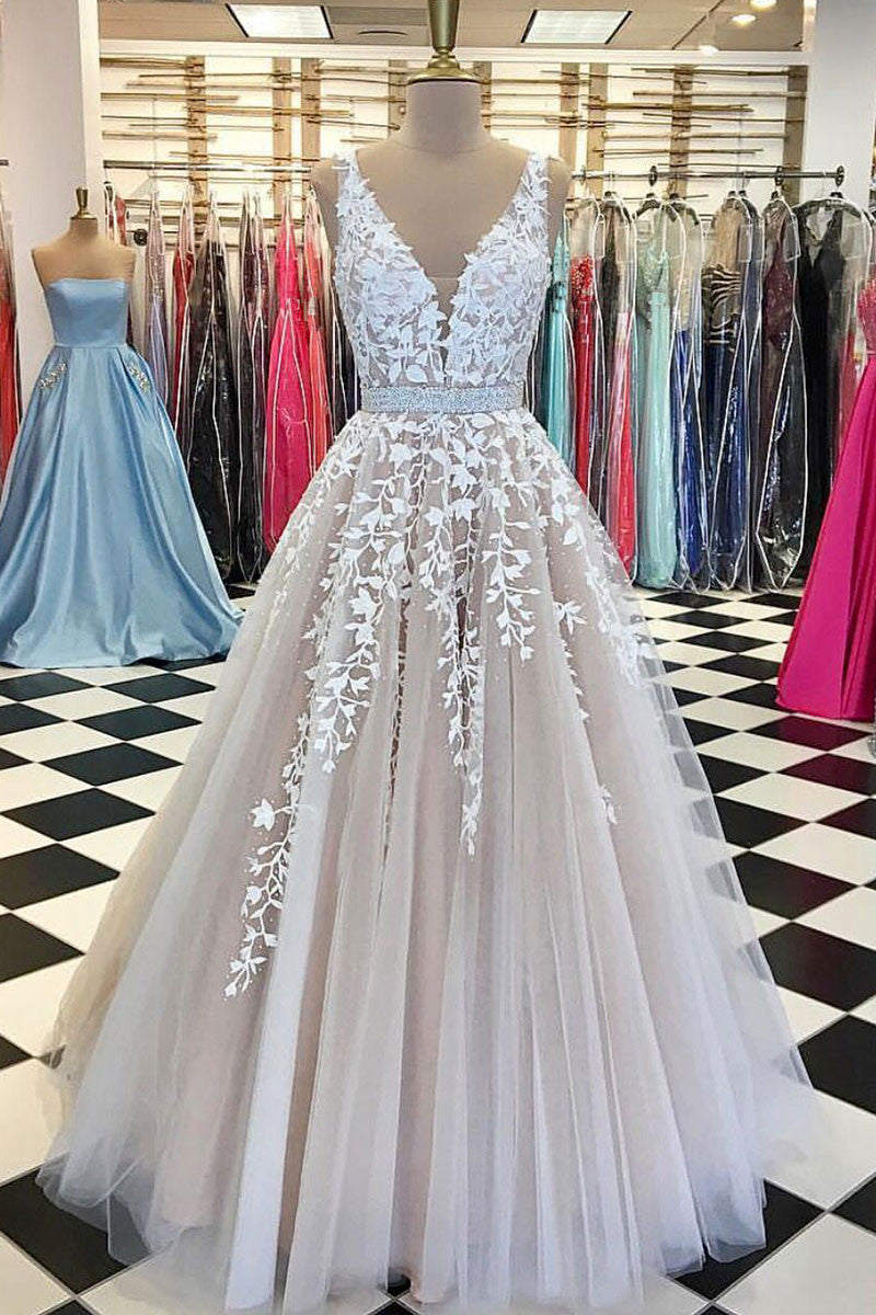 Wedding Dress Handmade V Neck Tulle Lace Long Tulle Prom Dress Bridal Gown