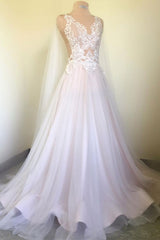 Wedding Dress Handmade White V Neck Lace Applique Long Prom Dress Bridal Gown