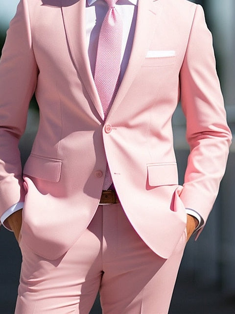 White And Pink Two-Piece Wedding Suit For Men Tailored Fit With Single Breast And Two Buttons