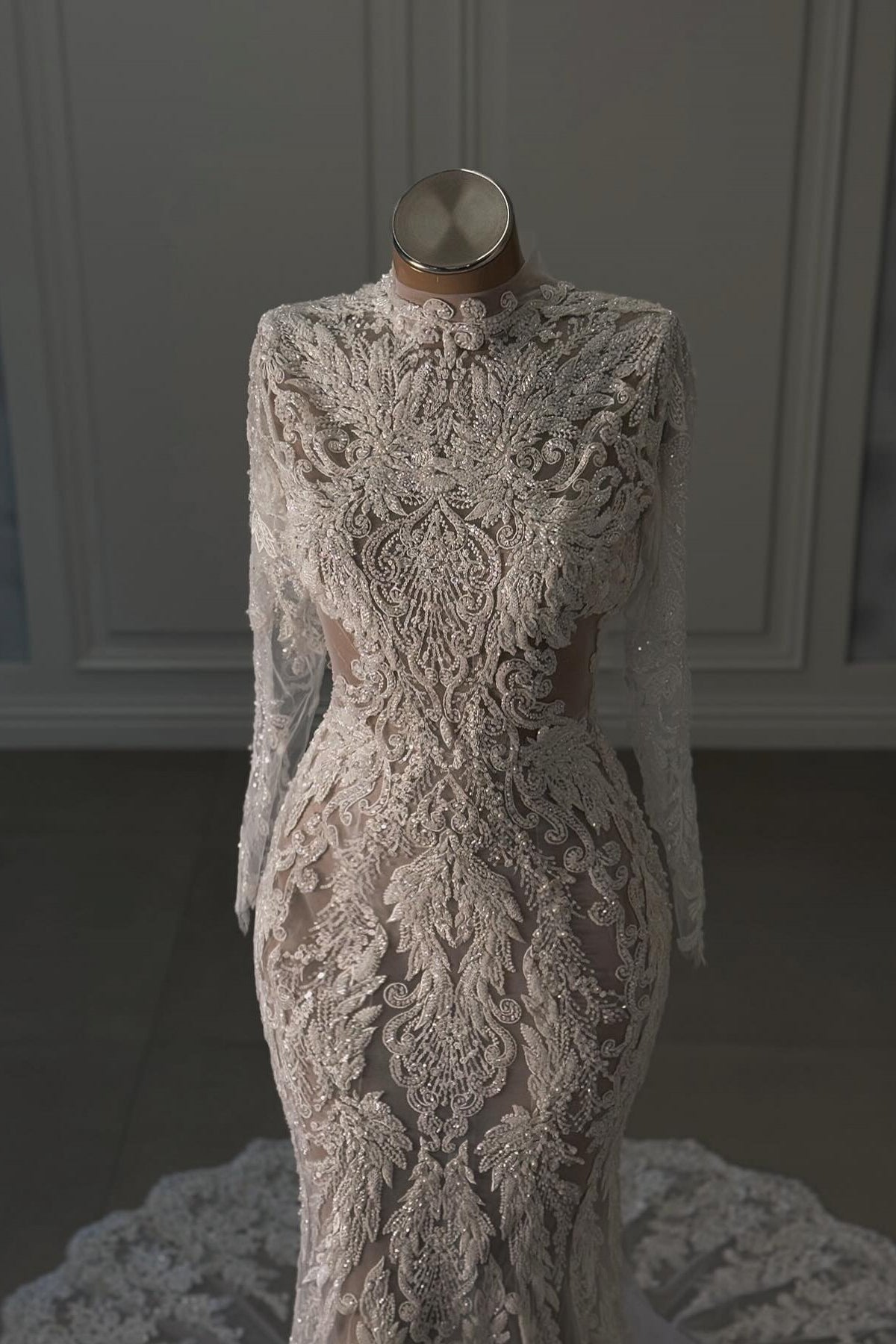 White Beach Wedding Dress Mermaid Lace High Neck Sleeves Chapel Train Bridal Gown