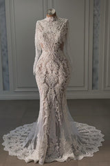 White Beach Wedding Dress Mermaid Lace High Neck Sleeves Chapel Train Bridal Gown