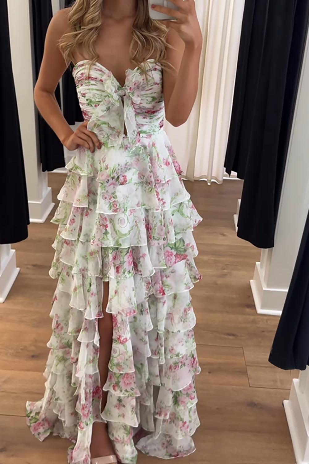 White Blue Floral Prom Dress Sweetheart A Line Tiered Ruffled Long Formal Dress With Bow