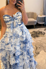 White Blue Floral Prom Dress Sweetheart A Line Tiered Ruffled Long Formal Dress With Bow