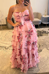 White Blue Floral Prom Dress Sweetheart A Line Tiered Ruffled Long Formal Dress With Bow
