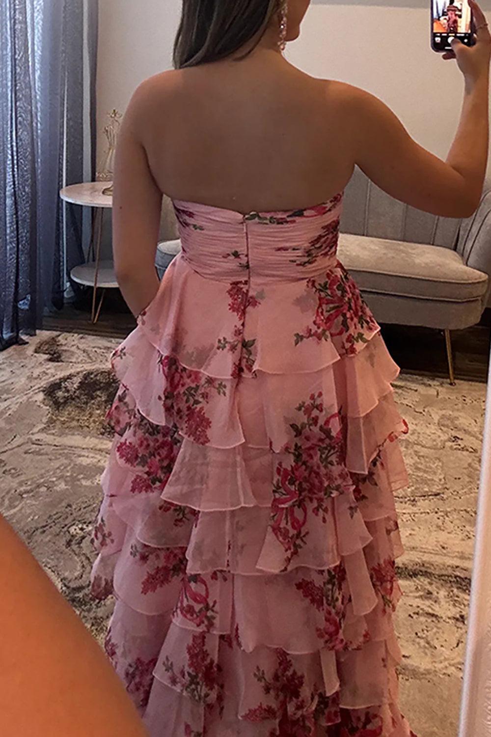 White Blue Floral Prom Dress Sweetheart A Line Tiered Ruffled Long Formal Dress With Bow