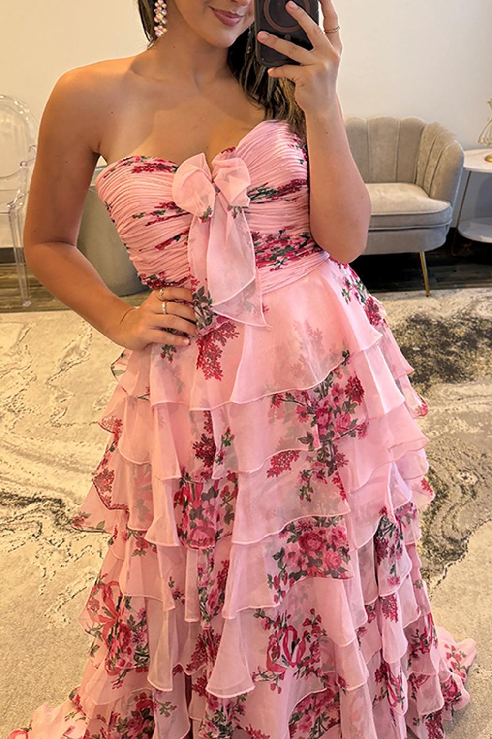 White Blue Floral Prom Dress Sweetheart A Line Tiered Ruffled Long Formal Dress With Bow