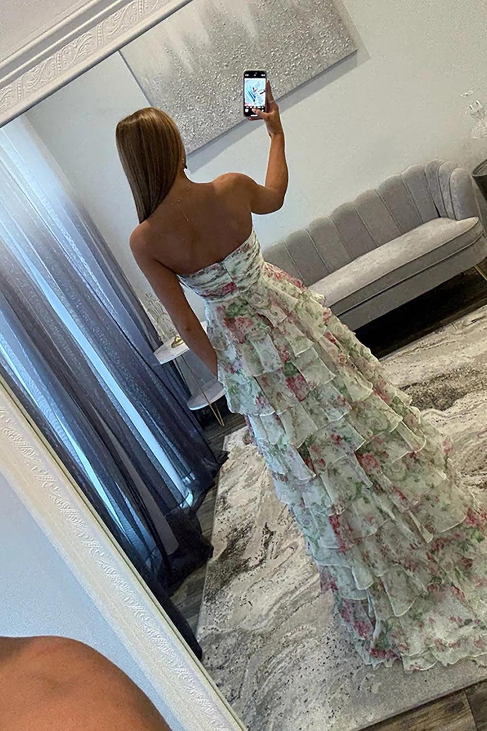 White Blue Floral Prom Dress Sweetheart A Line Tiered Ruffled Long Formal Dress With Bow