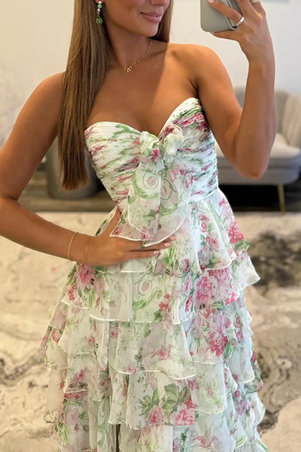 White Blue Floral Prom Dress Sweetheart A Line Tiered Ruffled Long Formal Dress With Bow