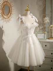 White Homecoming Dress Sweetheart Neck Tulle Lace Short Party Cocktail Dress