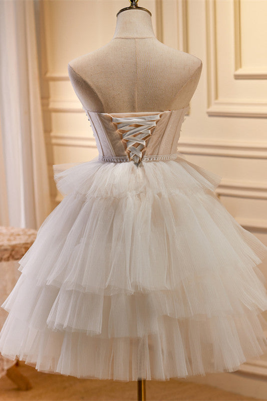 White Homecoming Dress Tulle 3D Floral Lace A Line Tiered Short Party Cocktail Dress