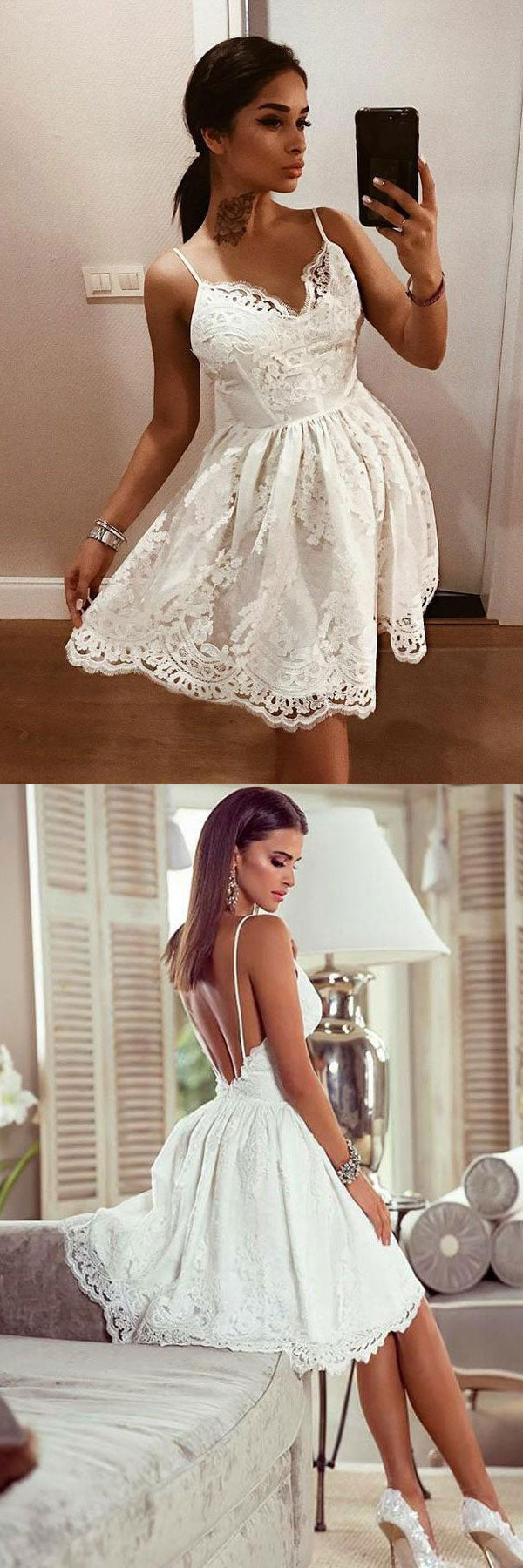 White Homecoming Dress V Neck Tulle Lace Short Party Cocktail Dress