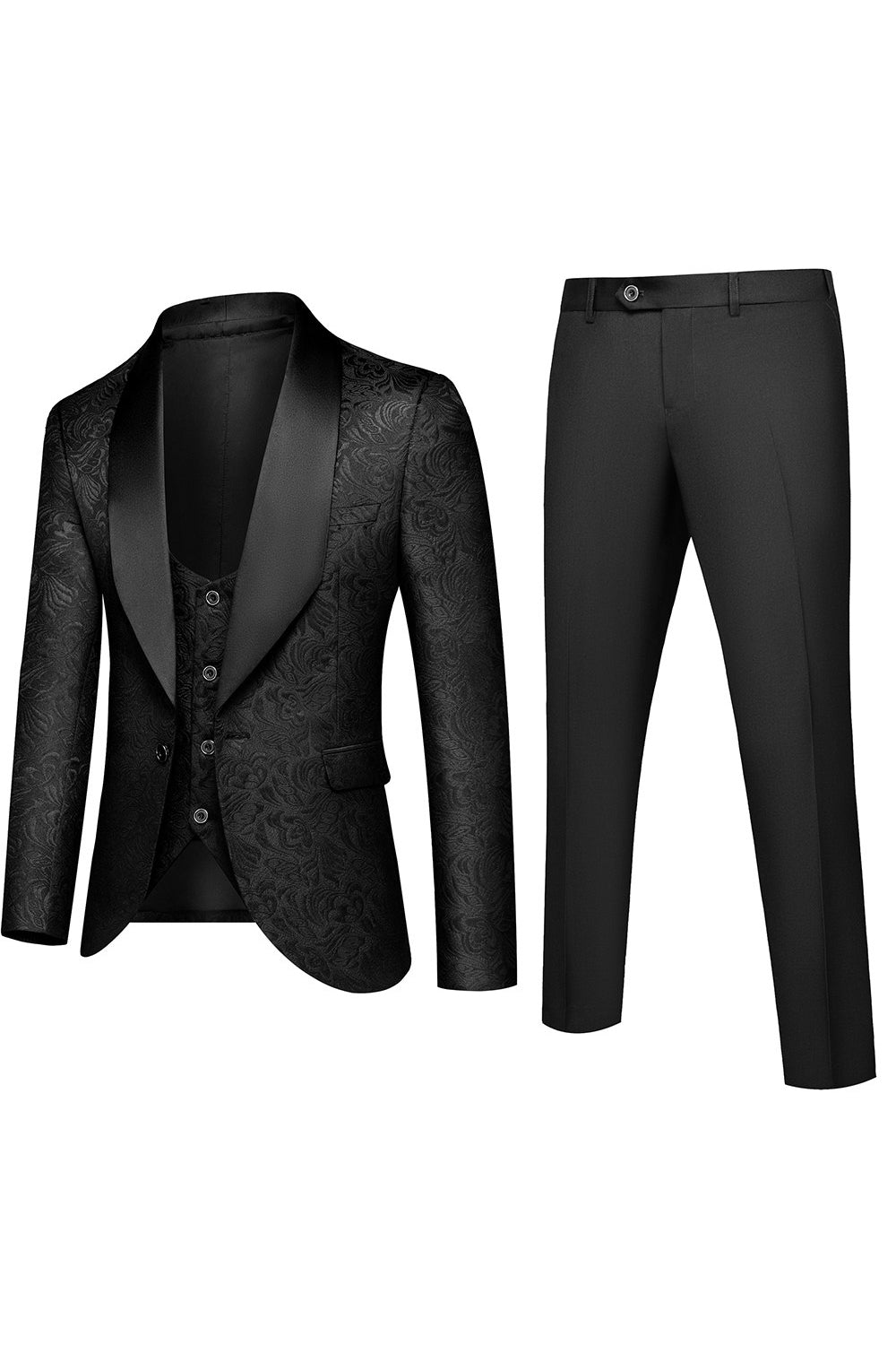 White Jacquard 3 Piece Shawl Lapel Men's Prom Suit Blazer Vest Pants