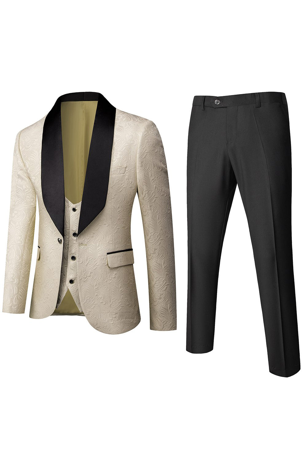 White Jacquard 3 Piece Shawl Lapel Men's Prom Suit Blazer Vest Pants