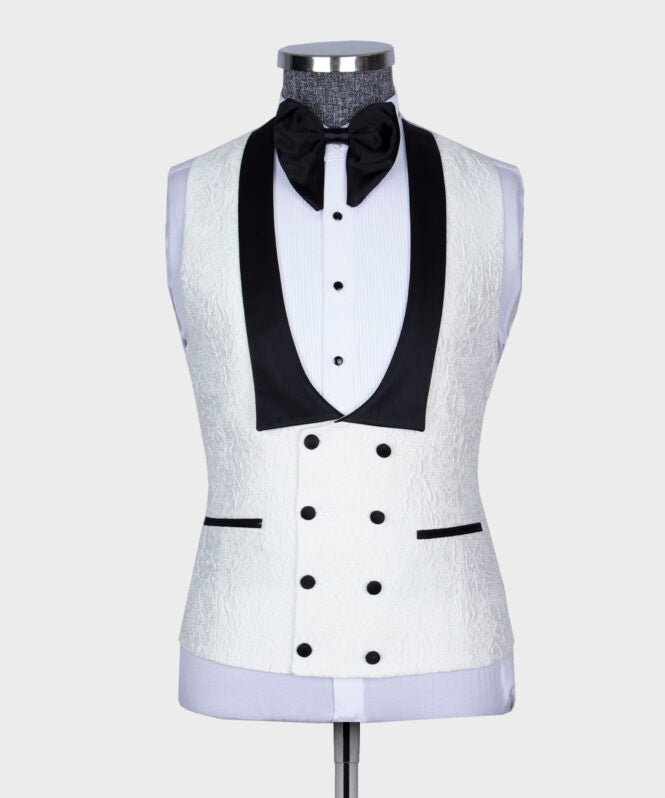 White Jacquard 3 Piece Wedding Suit with Black Shawl Lapel