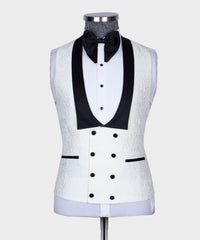 White Jacquard 3 Piece Wedding Suit with Black Shawl Lapel