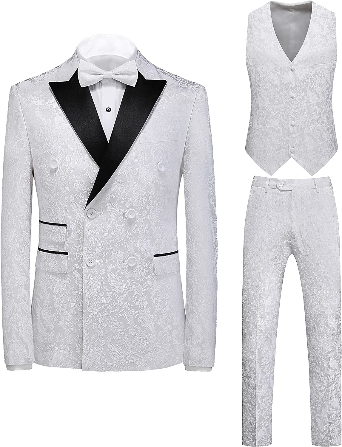 White Jacquard Three Piece Double Breasted Prom Suit