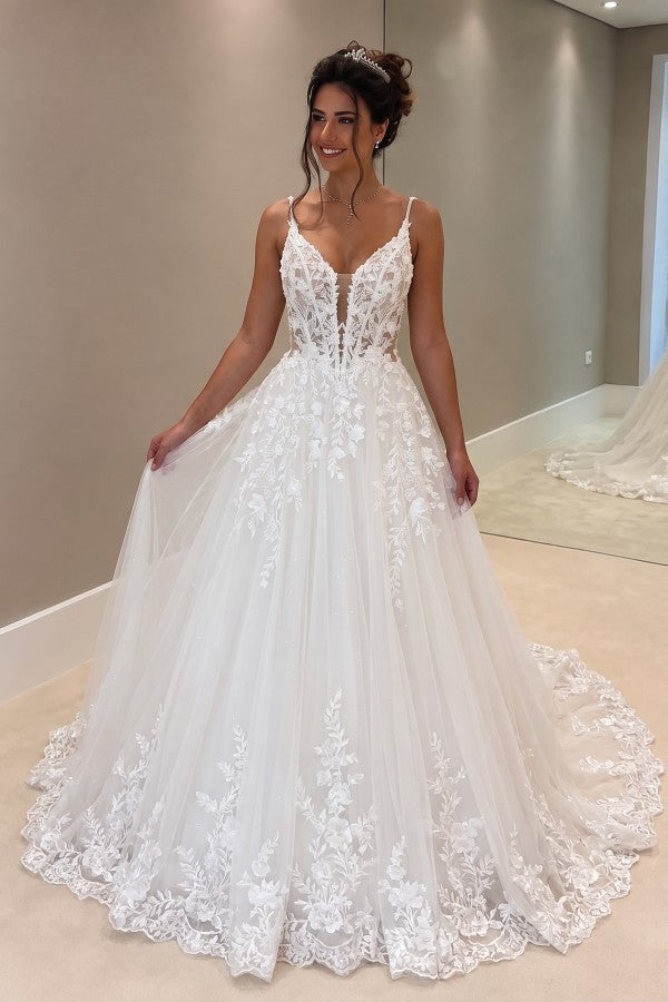 White Lace A Line Wedding Dress with Low Open Back and Chapel Train