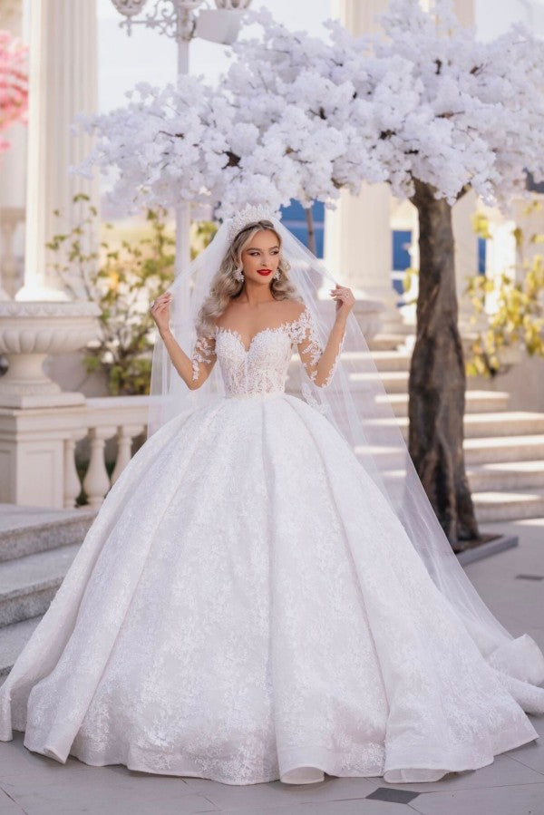 White Lace Ball Gown Wedding Dress with Long Sleeves and Illusion Neckline