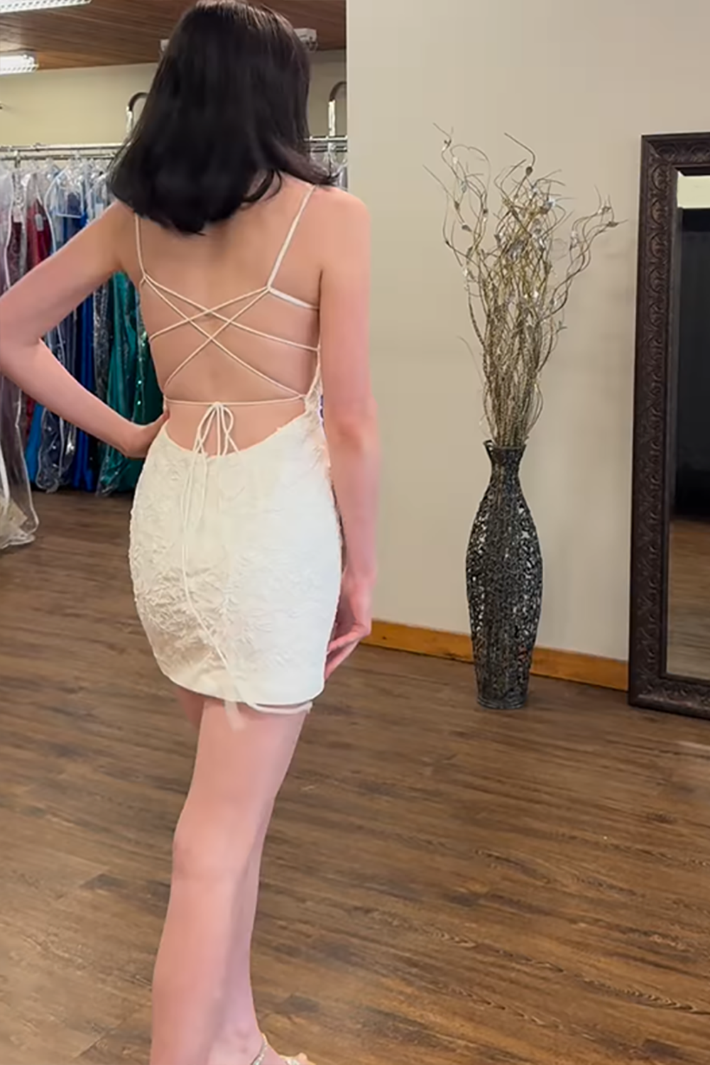 White Lace Tight Homecoming Dresses Spaghetti Straps Short Cocktail Dresses