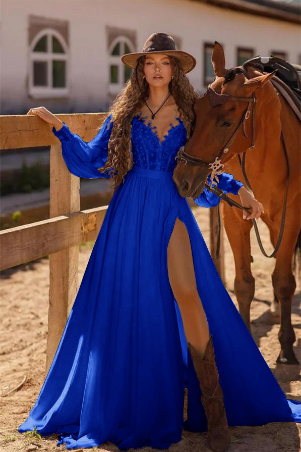 White Long Sleeve Beach Wedding Dress A Line Cold Shoulder Bridal Gown with Lace and Split