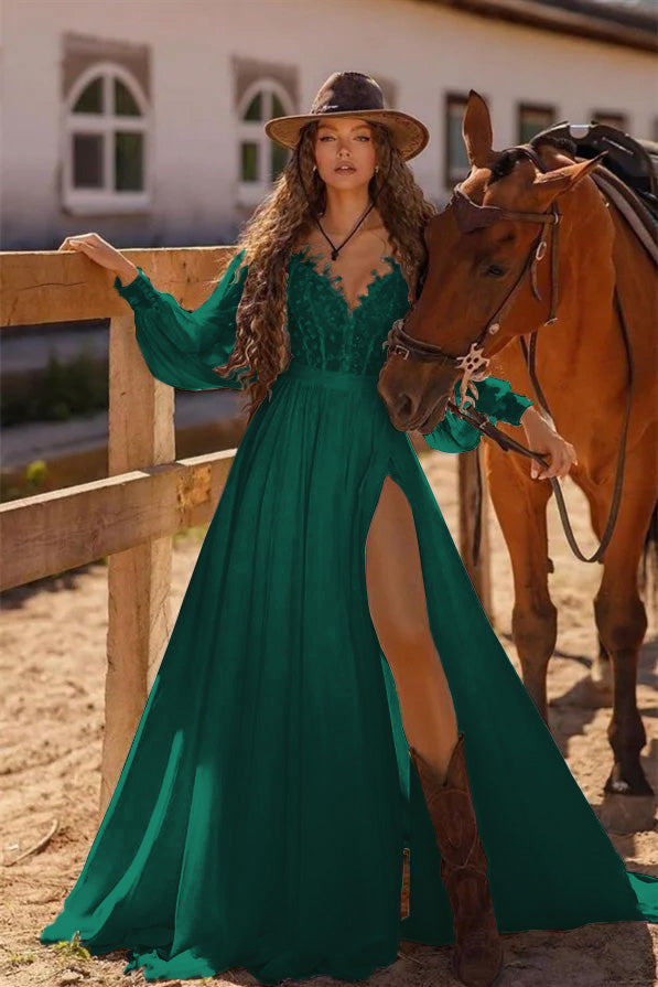 White Long Sleeve Beach Wedding Dress A Line Cold Shoulder Bridal Gown with Lace and Split