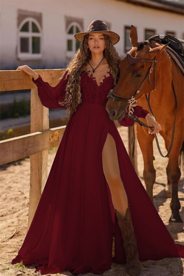 White Long Sleeve Beach Wedding Dress A Line Cold Shoulder Bridal Gown with Lace and Split