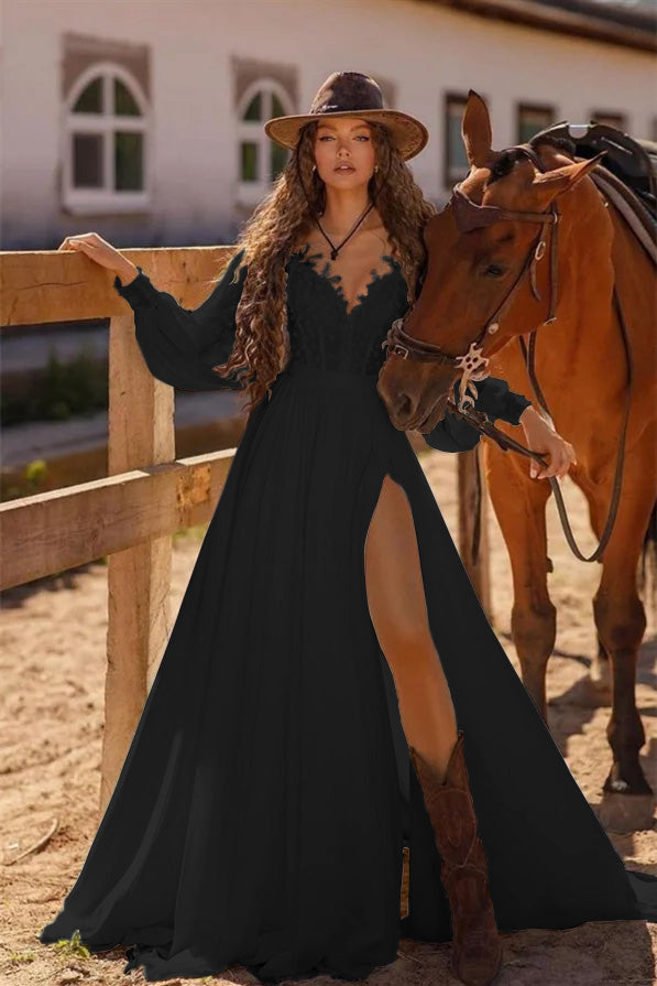 White Long Sleeve Beach Wedding Dress A Line Cold Shoulder Bridal Gown with Lace and Split