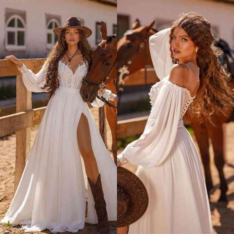 White Long Sleeve Beach Wedding Dress A Line Cold Shoulder Bridal Gown with Lace and Split