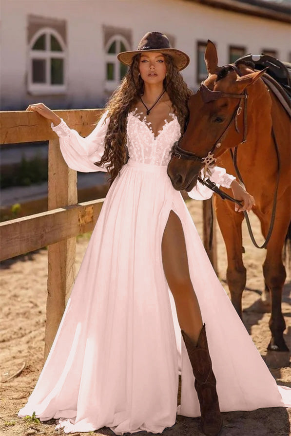 White Long Sleeve Beach Wedding Dress A Line Cold Shoulder Bridal Gown with Lace and Split