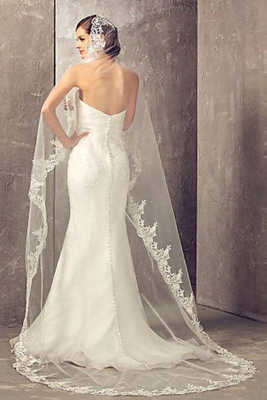 White Long Wedding Veil with Lace