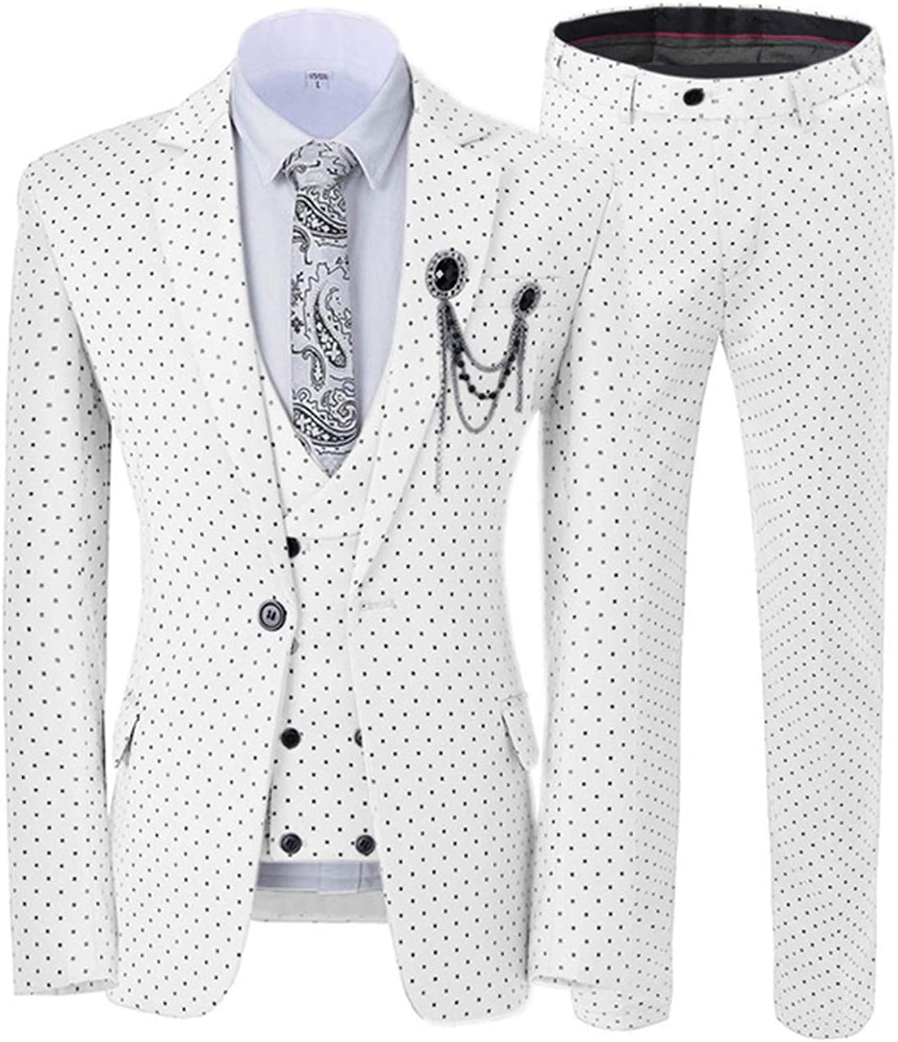 White Notched Lapel 3 Piece Prom Suit with Black Dot