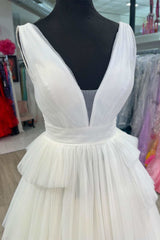 White Prom Dress V Neck Pleated Layered Long Evening Dress