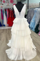 White Prom Dress V Neck Pleated Layered Long Evening Dress