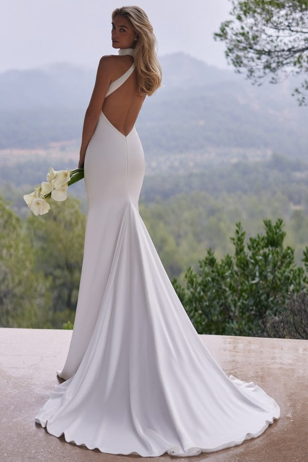 White Satin Mermaid Wedding Dress with Halter Neck and Open Back