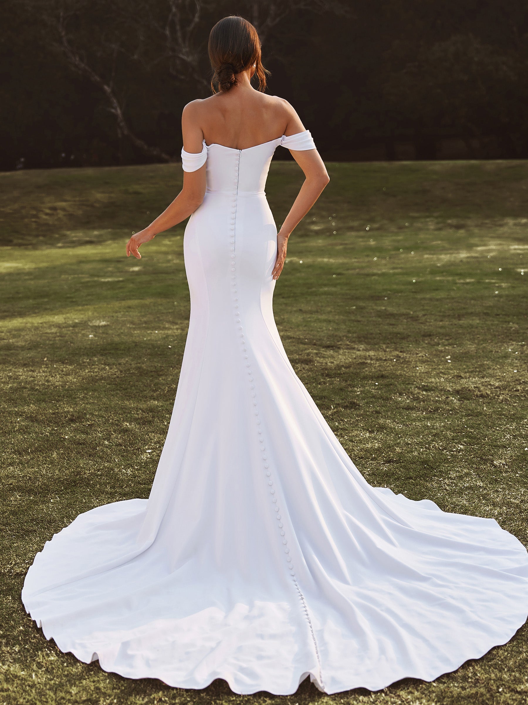 White Satin Mermaid Wedding Dress with Off-the-Shoulder Neckline and Cap Sleeves