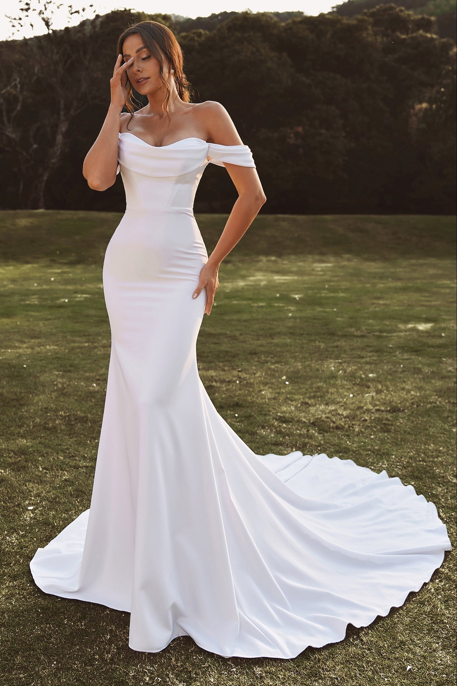 White Satin Mermaid Wedding Dress with Off-the-Shoulder Neckline and Cap Sleeves