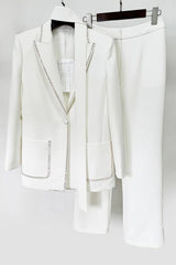 White Scarf Peak Lapel 2-Piece Suit For Women