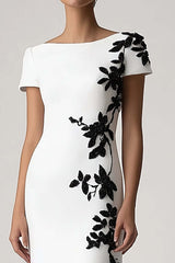 White Sheath Appliqued Long Formal Dress With Short Sleeves