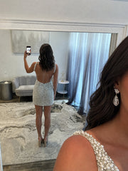White V Neck Pearl Embellished Short Homecoming Dress
